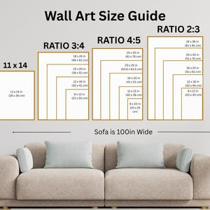 May include: Wall art size guide with dimensions in inches and centimeters. Displays various ratios: 3:4, 4:5, and 2:3, with sizes like 11x14 inches (28x36 cm), 18x24 inches (46x61 cm), and 24x36 inches (61x91 cm). A sofa is shown below, labeled as 100 inches wide.