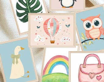 Set di 90 stampe artistiche da parete per bambini, motivo: ragazza, colore rosa