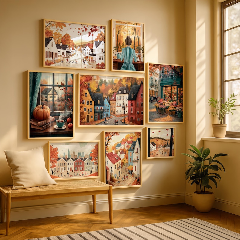This Fall Tone Village Wall Art Set of 8 captures the warmth of autumn villages, cozy pumpkin details, and rustic seasonal streets. Each print features soft fall tones, autumn foliage, and charming scenes that bring a welcoming and nostalgic atmosphere into any space.

Perfect as Cozy Autumn Wall Art, Harvest Season Decor, Thanksgiving Wall Art, Rustic Fall Home Decor, and Autumn Village Scene Prints, this set is ideal for living rooms, kitchens, or entryways.