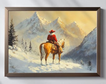 Santa Cowboy Print: Vintage Western Santa on Horse Winter Landscape (Digital Download)