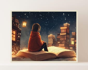 Woman Reading Print: Retro Library Art, Cozy Room Decor (Digital Download)