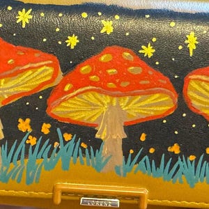 Red capped mushroom wallet- fashion statement women&#39;s hand painted clutch style unique leather wallet with coin and zipper compartment