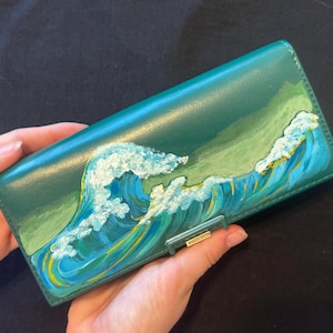 Hokusai The Wave inspired Women&#39;s wallet fashion statement hand painted clutch unique leather wallet with coin and zipper compartment