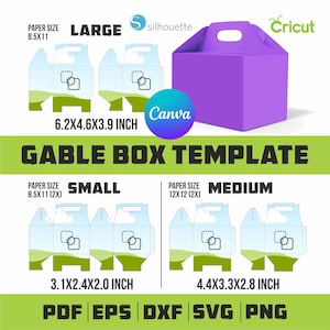 Op de afbeelding: Een paarse gable box met een handvat wordt weergegeven naast een sjabloon voor kleine, middelgrote en grote gable boxes. De sjabloon bevat maten in inches en is compatibel met Silhouette- en Cricut-machines. De afbeelding toont ook bestandsformaten: PDF, EPS, DXF, SVG en PNG.