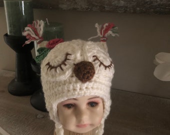 Owl Owlette Hat in beige and pink crochet-Sleeping Owl EarflapsNewborn, Baby, Toddler, Child, Teen/Adult Crochet Hat