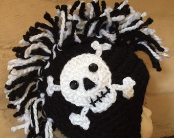 Mohawk Fringe Crochet Hat with skull, Baby Crochet Hat, Toddler, Child, Teen and Adult Crochet Hat