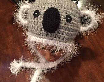 Koala Bear Crochet Hat Textured Cream Taupe Grey Button Eyes Earflaps Black Nose Baby Toddler Child Teen Adult