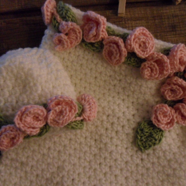 Crochet Rosette Baby Sack Cocoon Baby bag Papoose and hat crochet White Pink Rosette