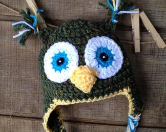 Speckled Green Owl Hat, Crochet Owl with Earflaps Childs Hat