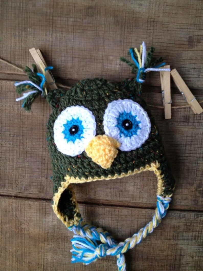 Speckled Green Owl Hat, Crochet Owl with Earflaps Childs Hat image 1