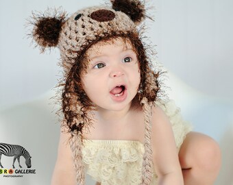 Koala Bear Crochet Hat Textured Cream Taupe Grey Button Eyes Earflaps Black Nose Baby Toddler Child Teen Adult