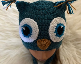 Owl Hat, Crochet Owl Hat, Owl Beanie, Blue Owl Crochet Hat