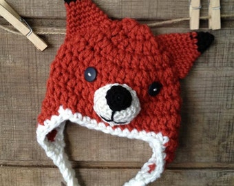 LittleFox Crochet Hat, Earflaps, Button Eyes, Baby, Toddler, Child, Teen, Adult Hat