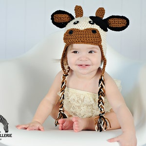 Cow Hat Moo Crochet, Earflaps, Cream Rust Black Button Eyes Baby, Toddler, Child, Teen Adult