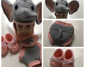 Elephant Hat & Diaper Cover, Crochet Baby hat and diaper cover,