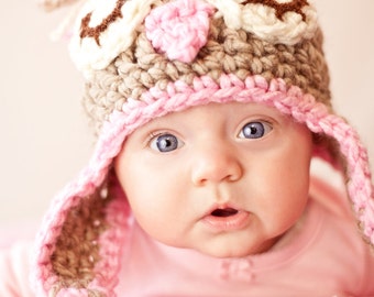 Owl Owlette Hat in beige and pink crochet-Sleeping Owl Earflaps Baby, Toddler Crochet Hat