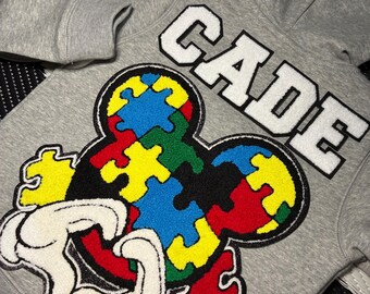 Autism Awareness Fleece Jacket: Patched Hoodie, Autism Mickey Mouse Themed Apparel