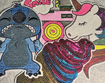 Stitch, Unicorn, Ice Cream, Camera Sequined Patches, Large Sequin Patches, Kids Iron on Patch