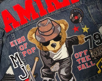 Personalized MJ Billie Jean Bear Denim Jacket: King of Pop Homage Kids Wear