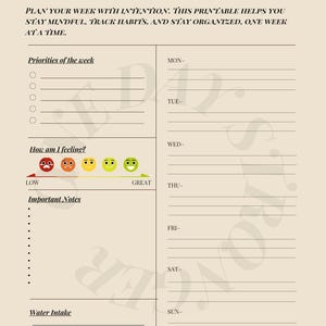 May include: A beige weekly mindfulness journal with the text "ONE DAY STRONGER WEEKLY MINDFULNESS JOURNAL". The journal includes sections for priorities, mood tracking, notes, and water intake. It is designed to help users stay mindful and organized.