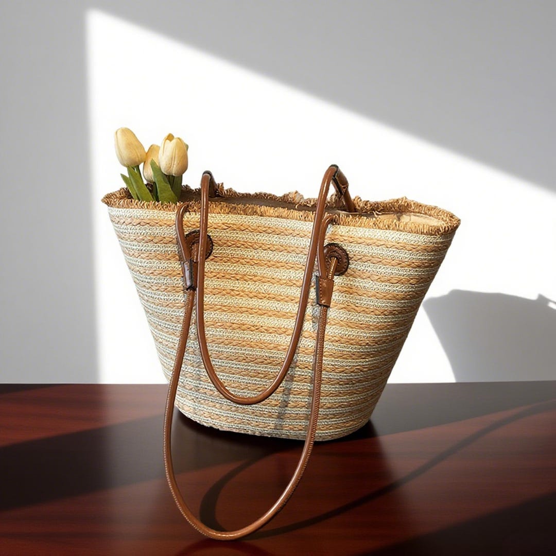 Boho Striped Straw Tote Bag With Leather Handles & Fringe – Summer ...