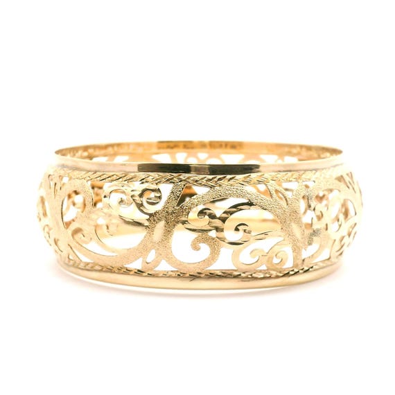 14k Solid Yellow Gold Wide Open Filigree Bangle Bracelet