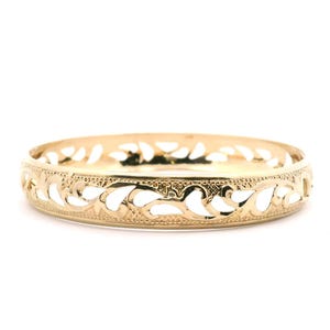 14k Yellow Gold Filigree Bangle Bracelet – Floral Cutout Design, Elegant Vintage-Style Jewelry for Women
