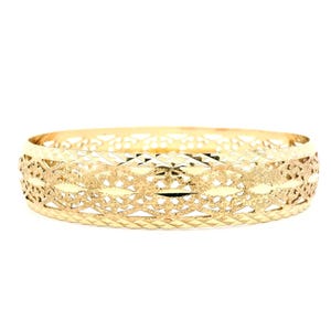 14K Solid Gold Wide Bangle Bracelet with Ornate Diamond-Cut and Matte Design