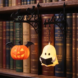 May include: Two black metal wall-mounted brackets with scrollwork and bat silhouettes, each holding a hanging light. One light is an orange jack-o'-lantern with bat wings, and the other is a white ghost figure holding a small black open book.