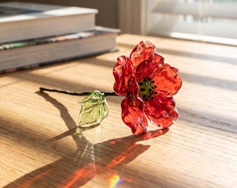 Glazen klaproos, geboortebloem van augustus, handgemaakte bloemendecoratie, cadeau voor klaproosliefhebbers, cadeau voor moeder, herdenkingscadeau