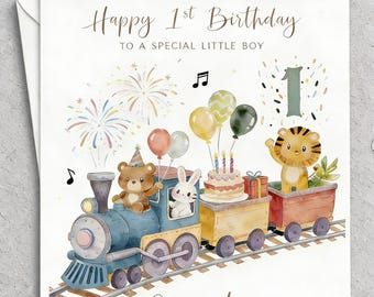 Tarjeta de primer cumpleaños personalizada con diseño de tren de acuarela para niño