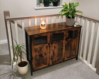 Industrial Sideboard Buffet Table with Glass Doors – Rustic Brown Storage Cabinet for Dining Room, Living Room, or Kitchen