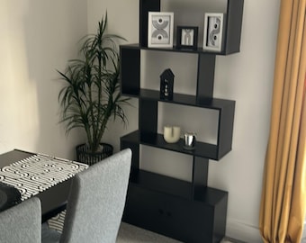 6-Tier S-Shaped Wooden Bookcase with Cabinet – Tall Freestanding Bookshelf Room Divider for Living Room & Office, 183cm