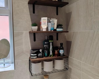 Multifunctional Floating Wall Shelves – Paulownia Wood Shelves with Wire Basket for Bathroom, Kitchen & Living Room