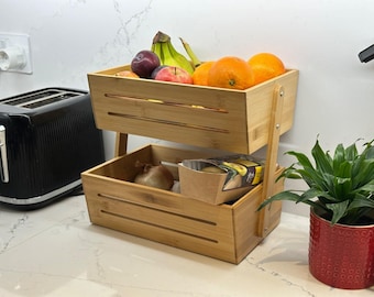 2-Tier Bamboo Fruit Basket – Wooden Vegetable Rack Countertop Storage Organiser, Natural Kitchen Stand, Fresh Produce Holder