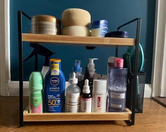 2 Tier Wooden Skincare & Perfume Organiser with Side Basket – Bathroom or Kitchen Countertop Rack, Rustic Gift for Home