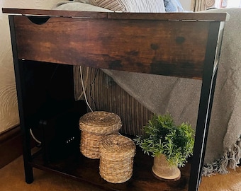 Slim Side Table with Charging Station & Storage, Narrow Bedside Table with USB Ports, Small End Table Gift for Home