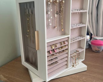 360 Rotating Jewellery Box with 5 Drawers  Glass Display Case, Velvet Lined Organiser Elegant Gift for Her