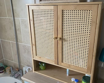 Bamboo Rattan Wall Cabinet – Over Toilet Storage with Adjustable Shelf, Boho Bathroom Cupboard, Eco Home Organizer Gift
