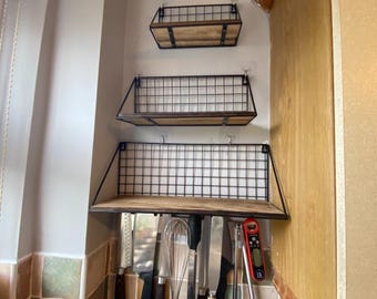 Modern Floating Shelves Set of 3 – Wall Mounted Wood & Metal Grid Storage, No-Drill Shelves, Home Décor and Gift Idea