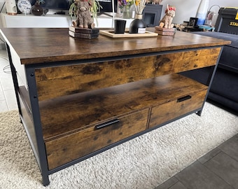 Industrial Lift Top Coffee Table with Storage Drawers, Hidden Compartments & Shelf, Rustic Living Room Table Gift