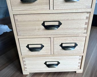 6-Drawer Wooden Desktop Organiser – Rustic Paulownia Wood Chest with Metal Handles, Desk Storage & Gift