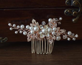 Braut Haarkamm Haarschmuck Rosegold Zarte Blätter Perlen Kopfschmuck zur Hochzeit