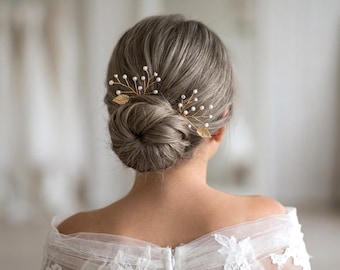 Bruidshaarspeldenset, haarsieraden met parels, takjes en bladdetails