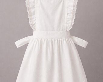 アンティークのフランス製ホワイトコットンのエプロン（レースフリル