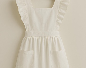 Delantal de algodón blanco con volantes – Delantal de novia de estilo rústico vintage. Libre de impuestos y aranceles.