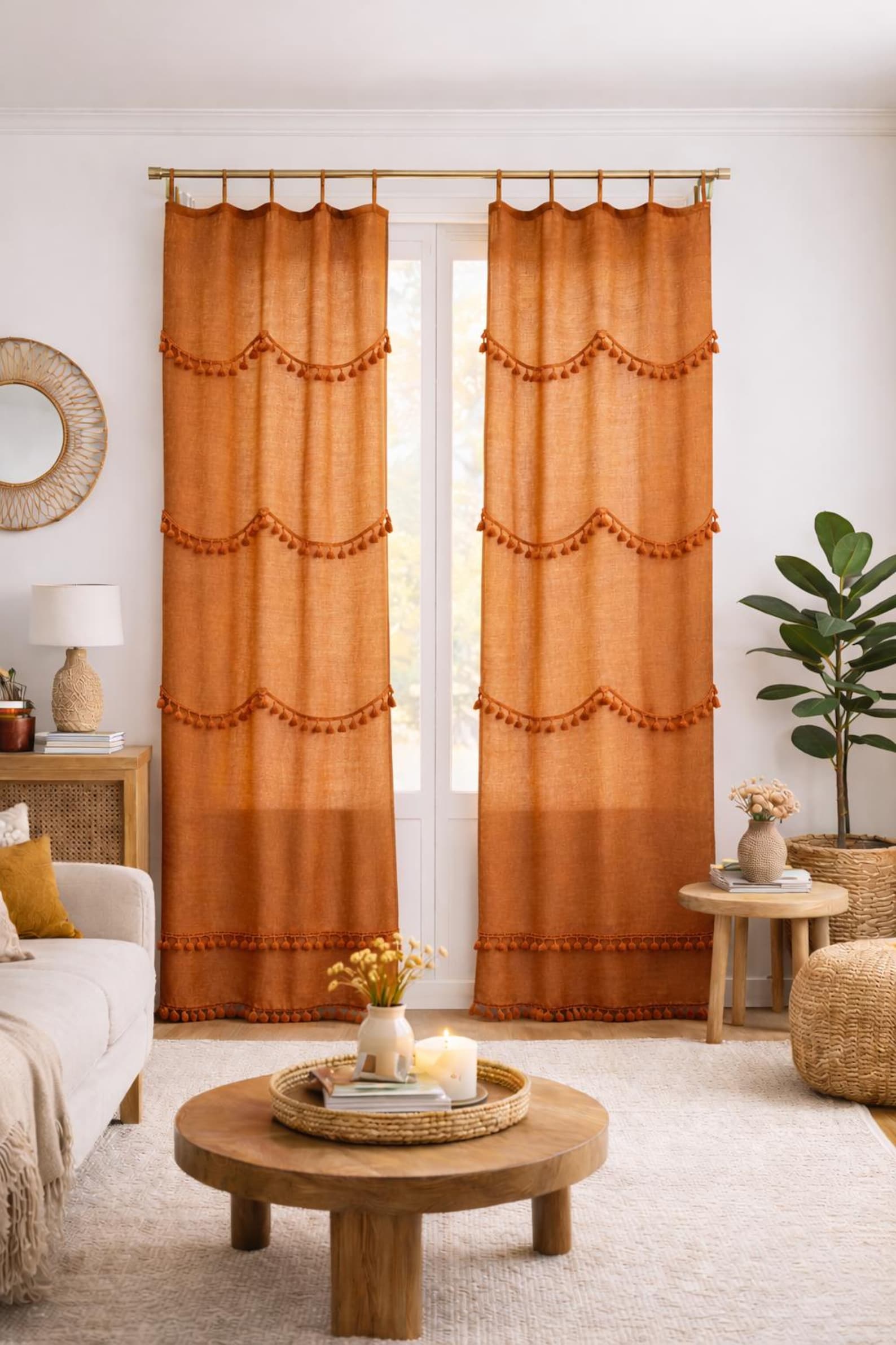Burnt Orange Cotton Curtains With Tassel Trim | Boho Window Panels