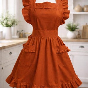 Ruffle Pinafore Apron for Women, Cottagecore Vintage Apron, Cotton Kitchen Apron, Rust/Brunt Orange Teal Blue Sage Green Pink Mustard White
