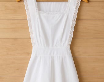 ヴィンテージレースエプロン：ホワイトコットン刺繍ガーデンエプロン