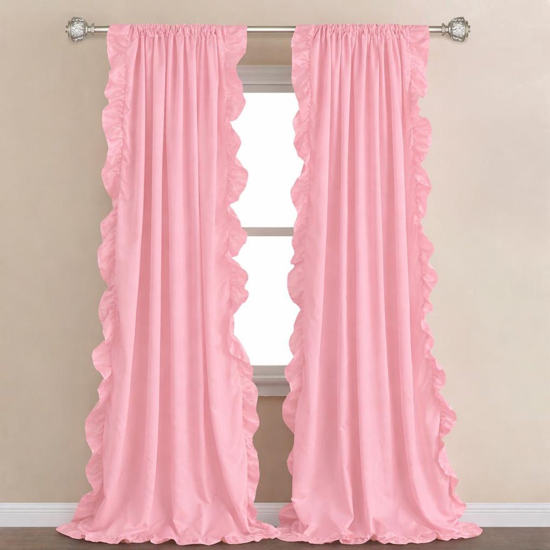 Baby Pink Cotton Ruffle Curtains | Farmhouse Window Panels Drapes ...